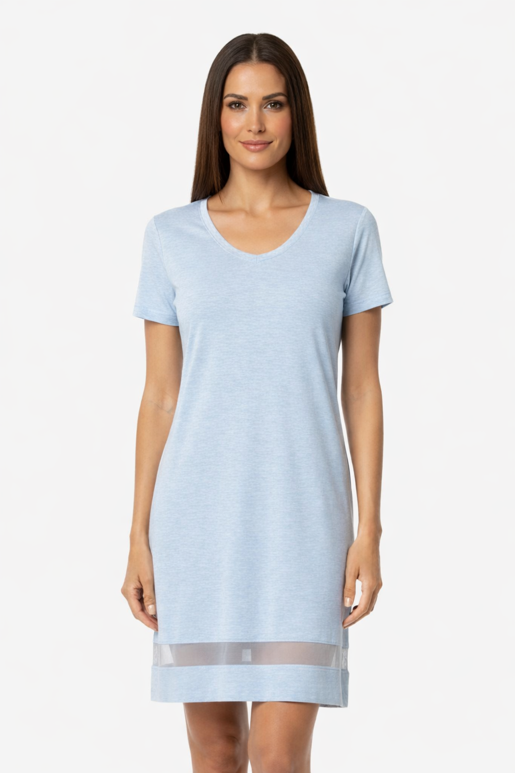 Woman wearing a light blue dress on a white background