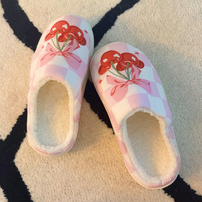 Cherry Bow Check Lounge Slippers - Sweet & Cozy