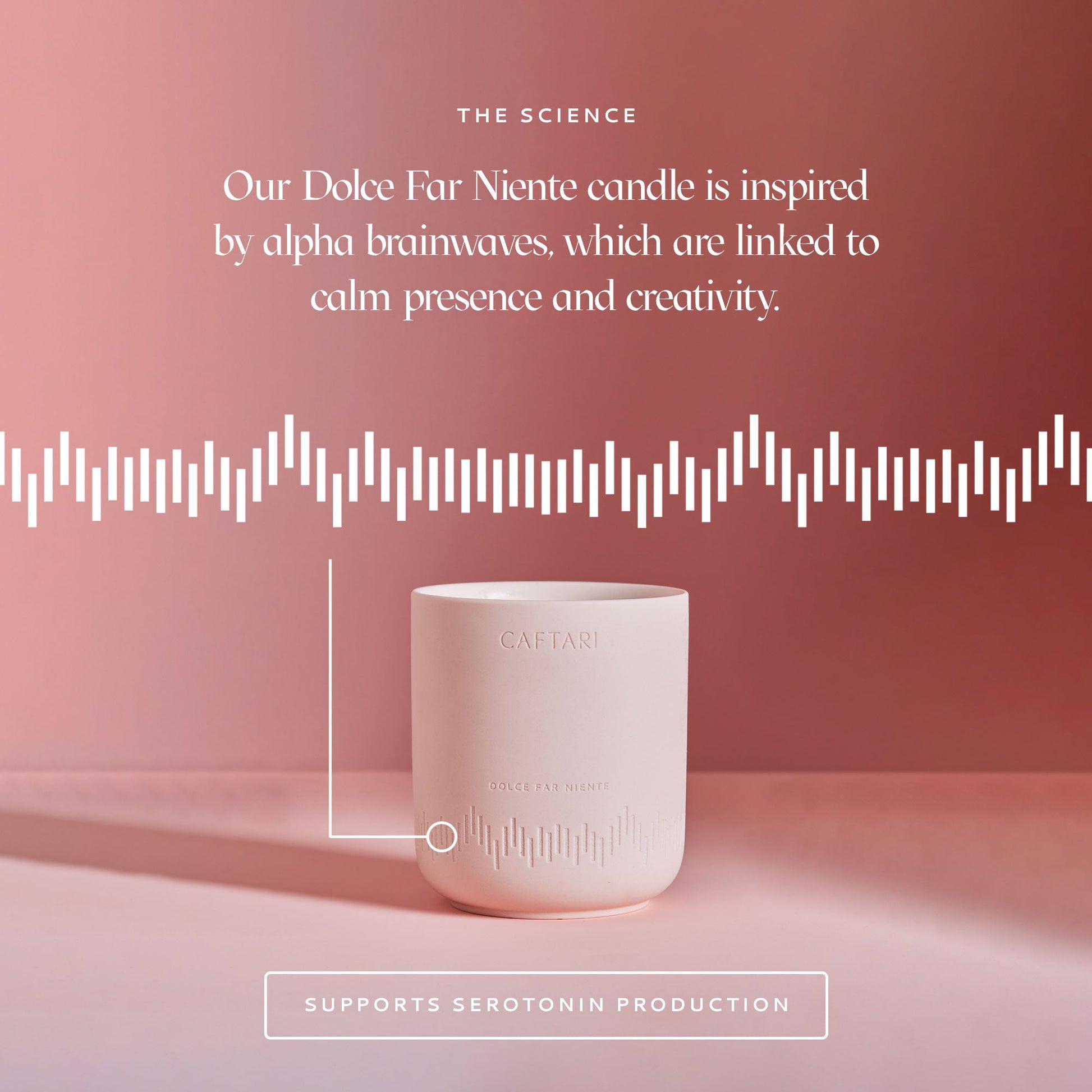 Dolce Far Niente candle on a pink background with text about alpha brainwaves and serotonin production.