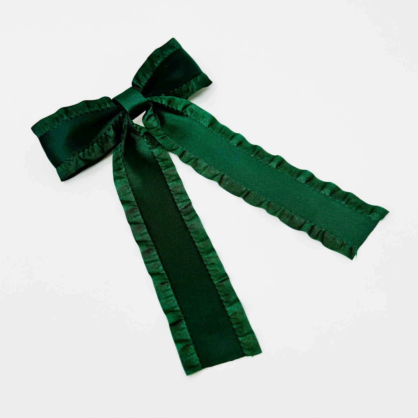 Green Game Frill Bow Hair Clip for bow lovers, hair accessories must have ribbon bow on a white background