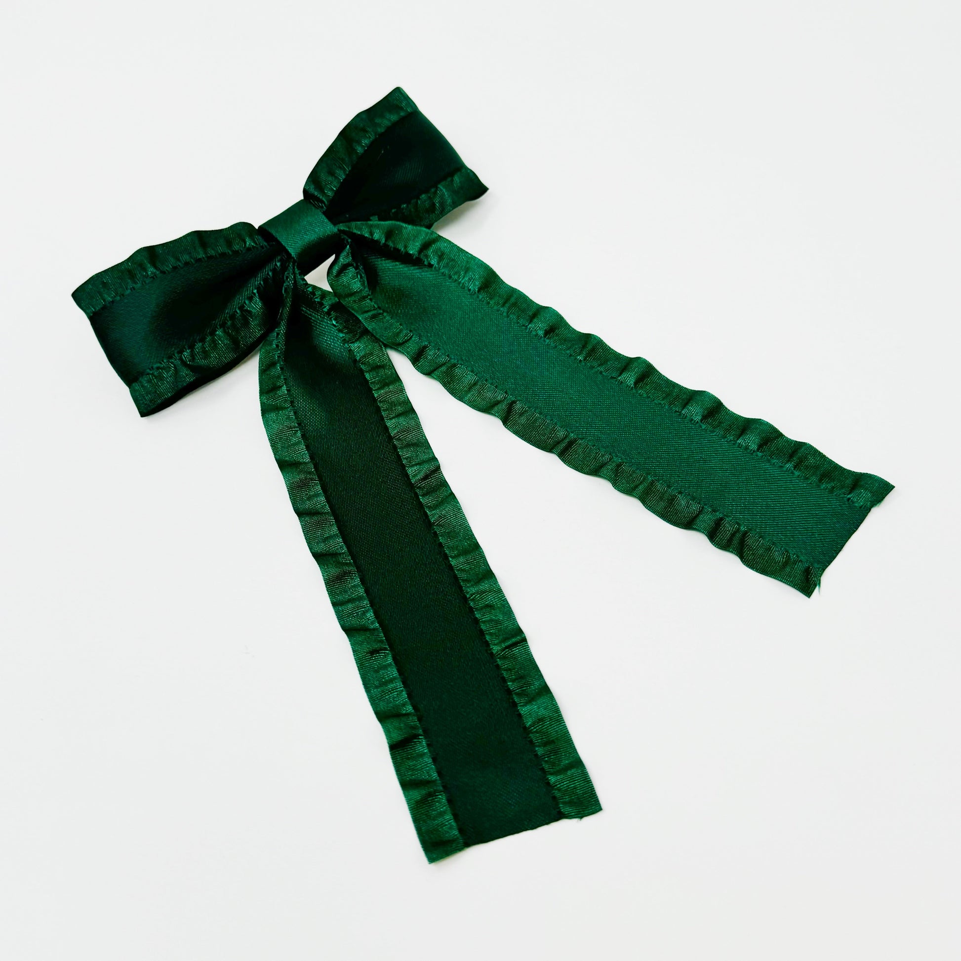 Green Game Frill Bow Hair Clip for bow lovers, hair accessories must have ribbon bow on a white background
