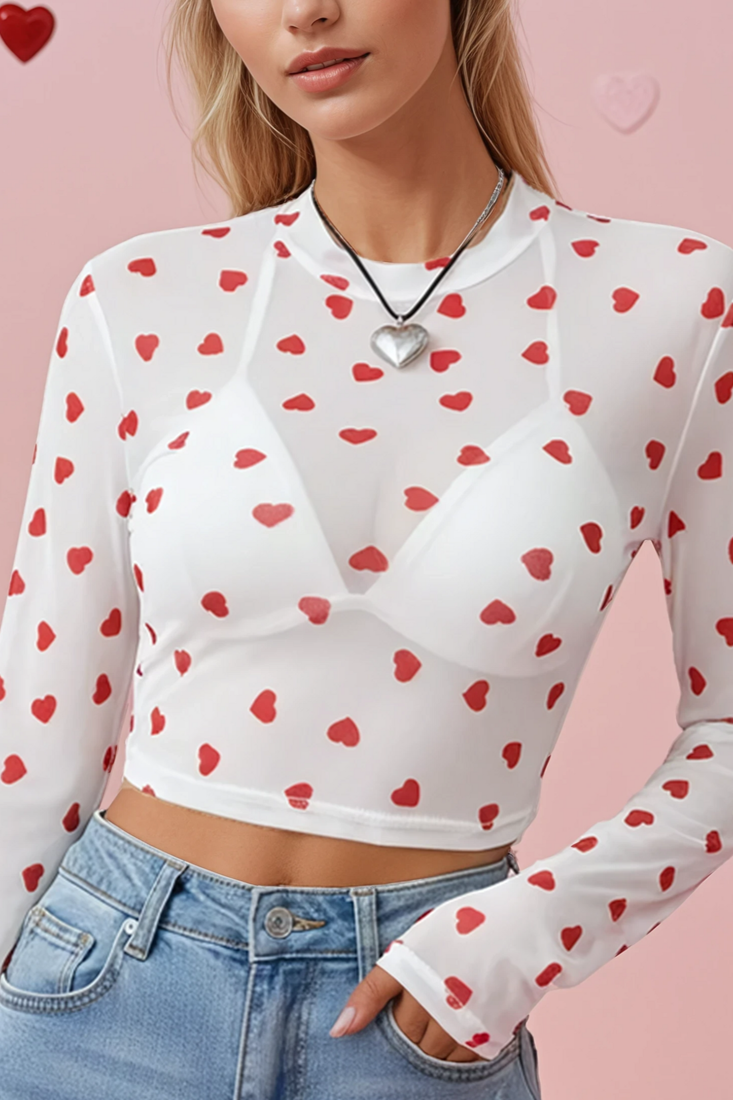 Heart Mesh Long Sleeve Top