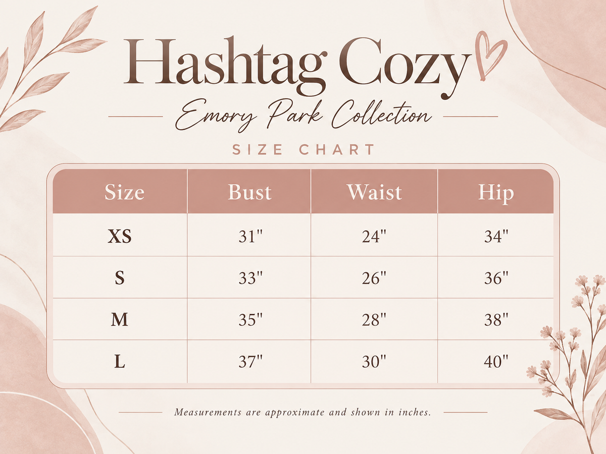 A size chart graphic for the Hashtag Cozy Emory Park Collection, showing a size table with columns for Size, Bust, Waist, and Hip measurements in inches forXS through L.