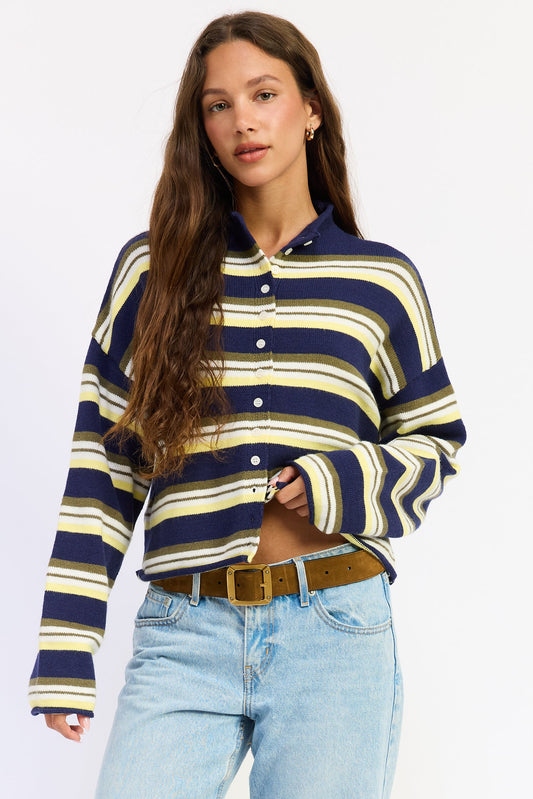 Emory Park Althea funnel neck cardigan in navy multi stripe