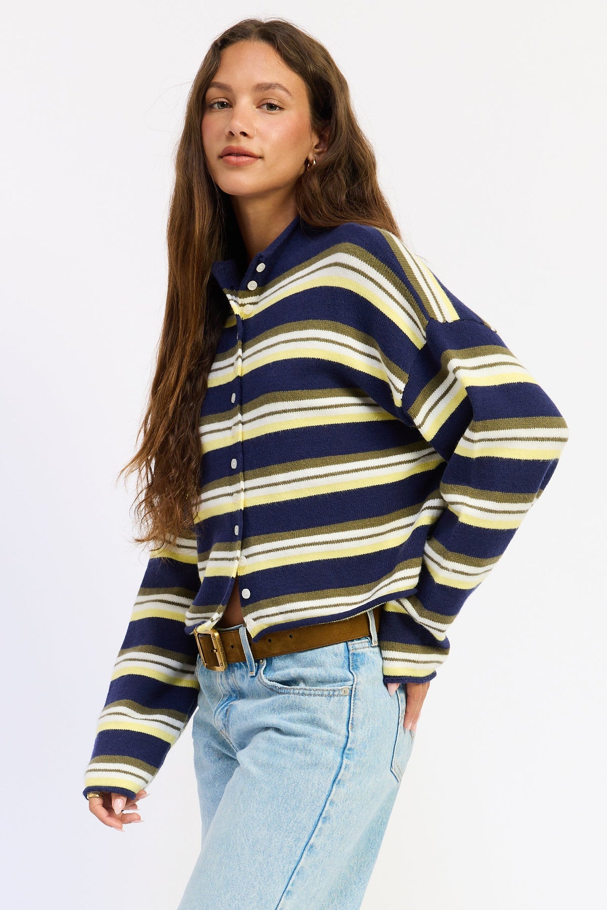Emory Park Althea funnel neck cardigan in navy multi stripe