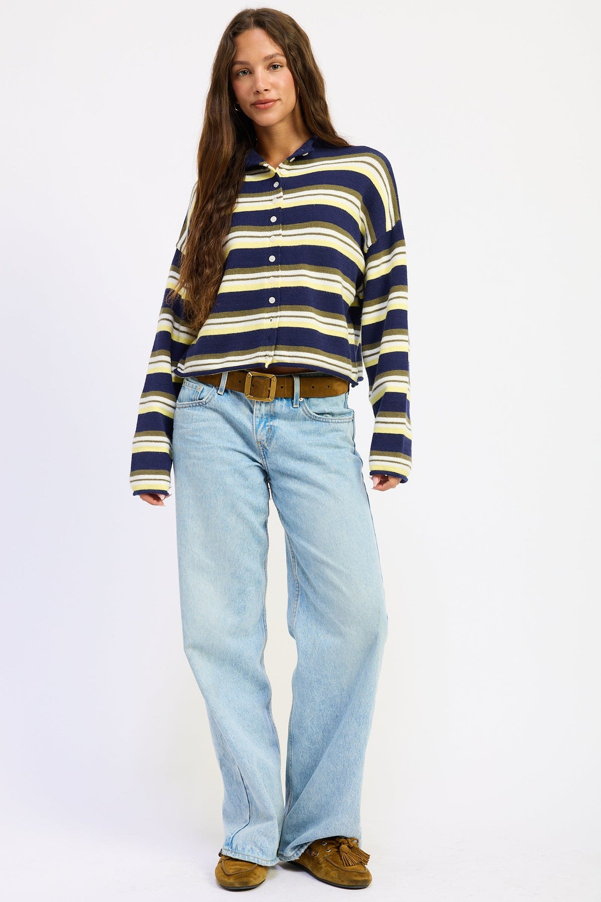Emory Park Althea funnel neck cardigan in navy multi stripe