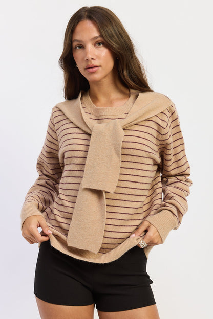 Emory Park Hailey striped sweater with shawl in beige merlot