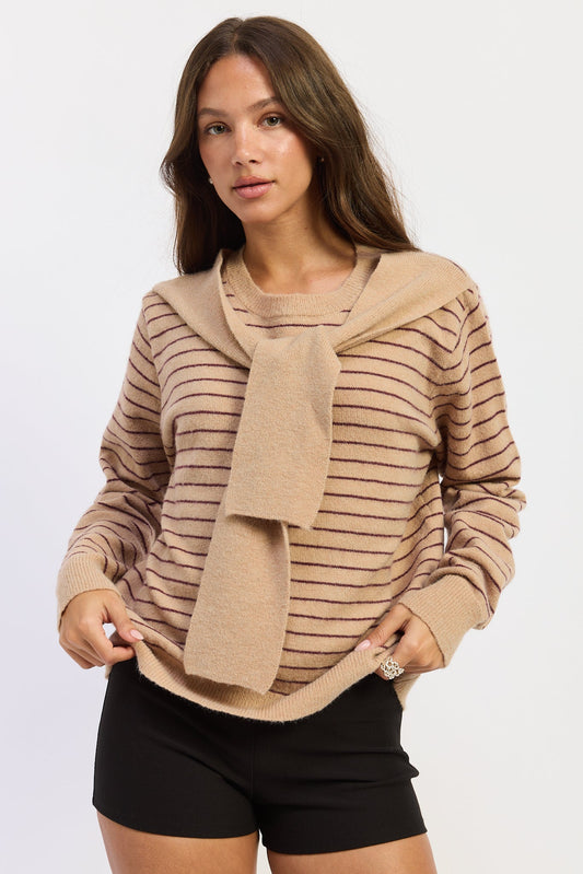 Emory Park Hailey striped sweater with shawl in beige merlot