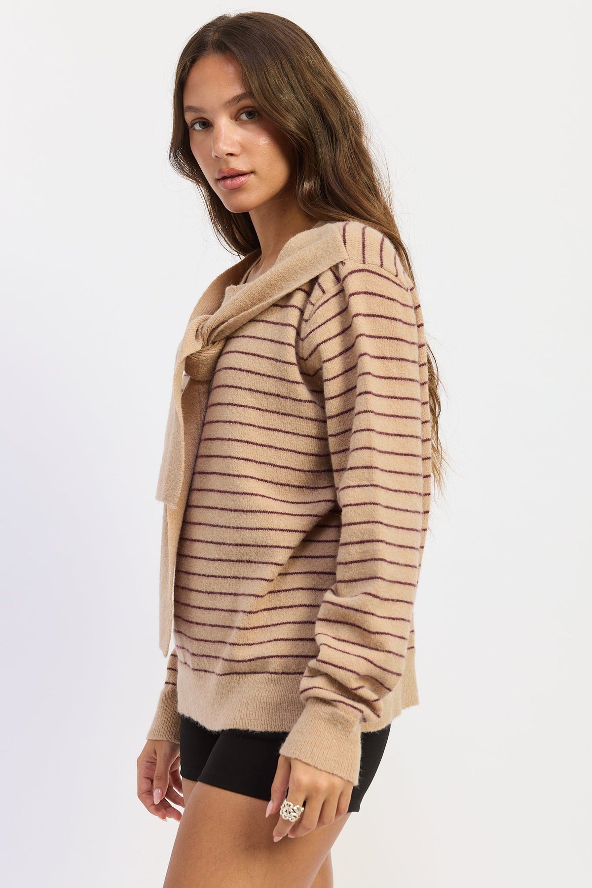 Emory Park Hailey striped sweater with shawl in beige merlot