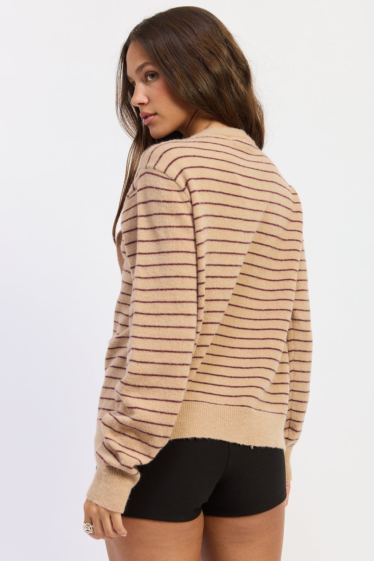 Emory Park Hailey striped sweater with shawl in beige merlot