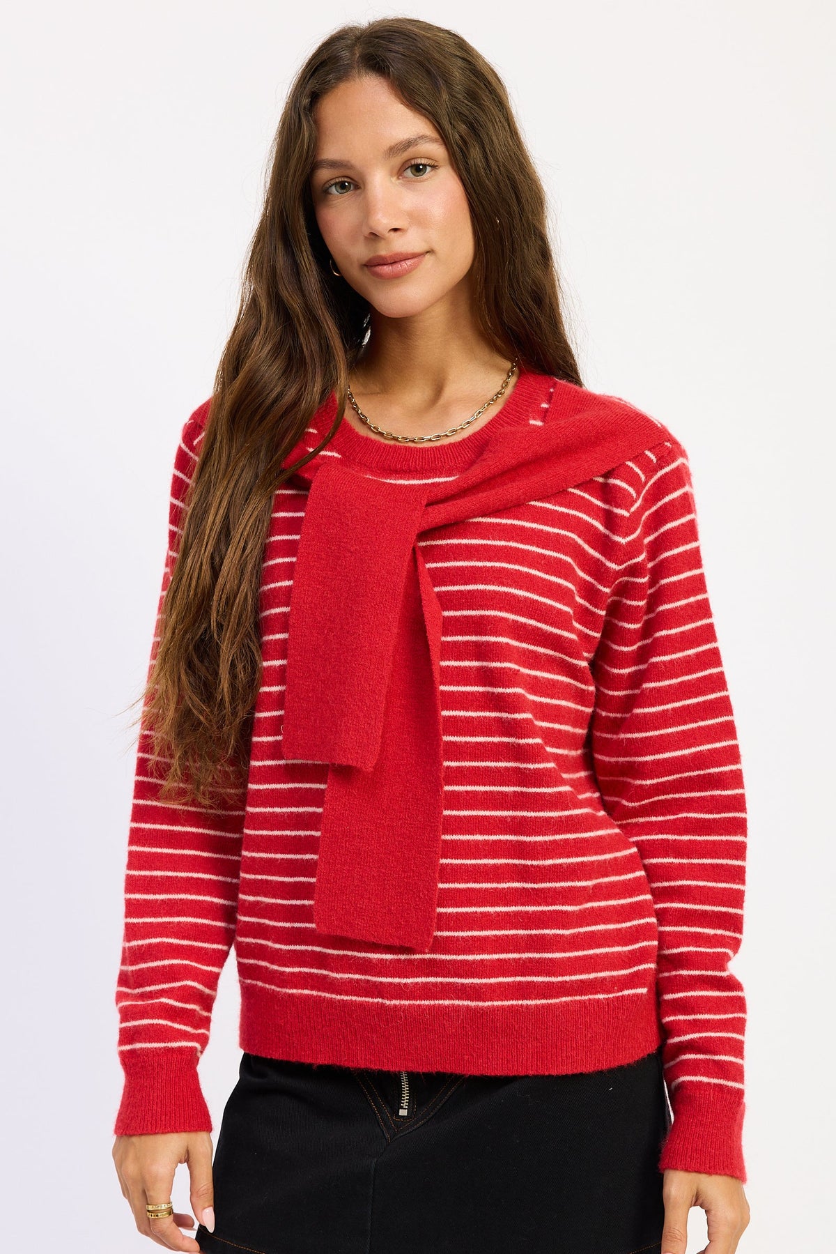 Emory Park Hailey striped sweater with shawl in red blush