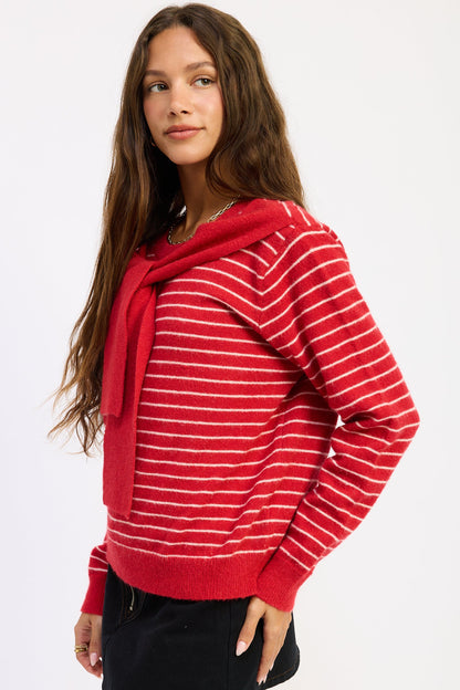 Emory Park Hailey striped sweater with shawl in red blush