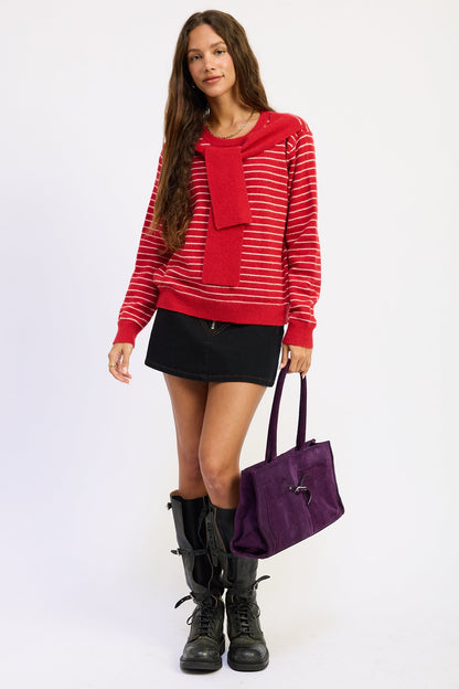 Emory Park Hailey striped sweater with shawl in red blush