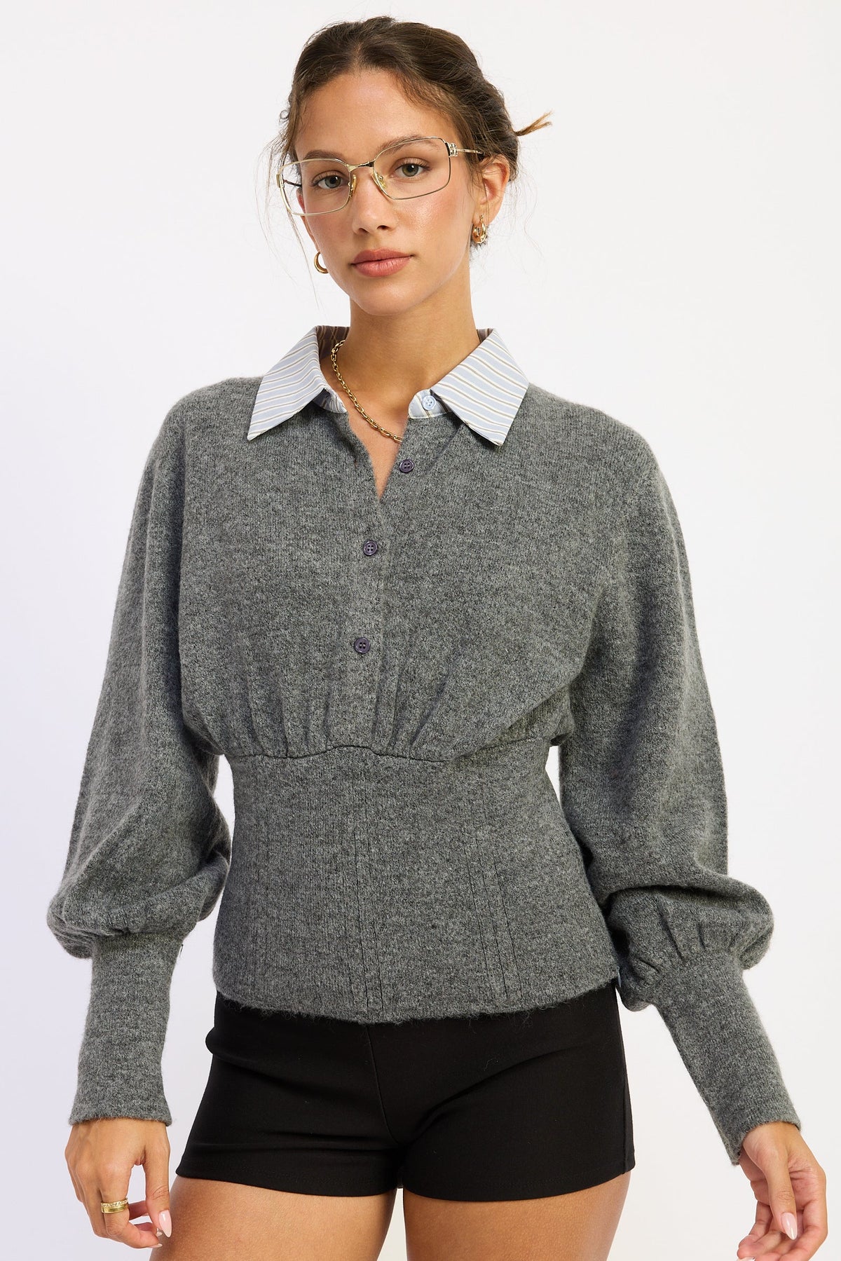 Emory Park Daniella corset-detail bubble-sleeve top in charcoal