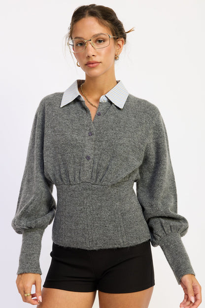 Emory Park Daniella corset-detail bubble-sleeve top in charcoal