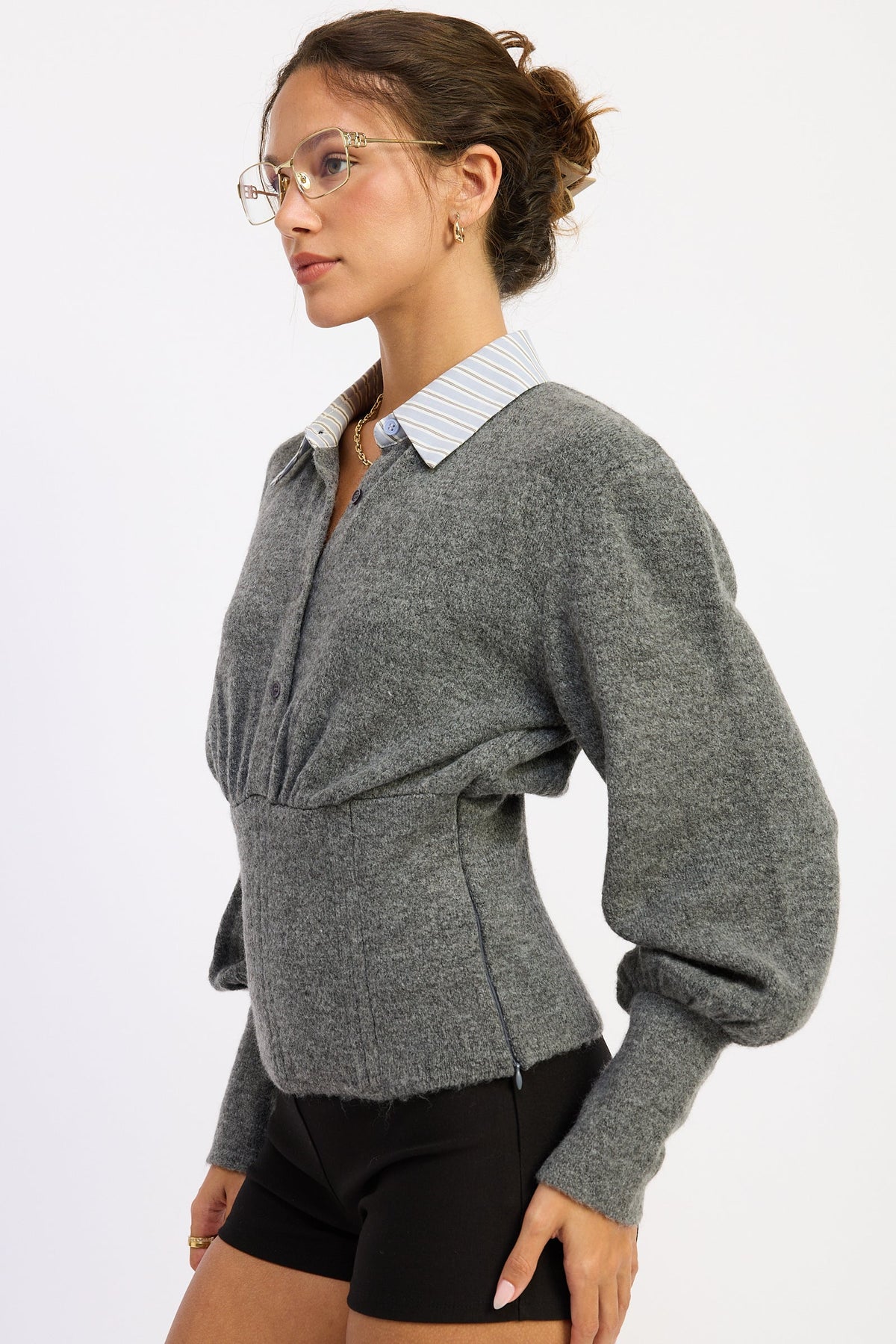 Emory Park Daniella corset-detail bubble-sleeve top in charcoal