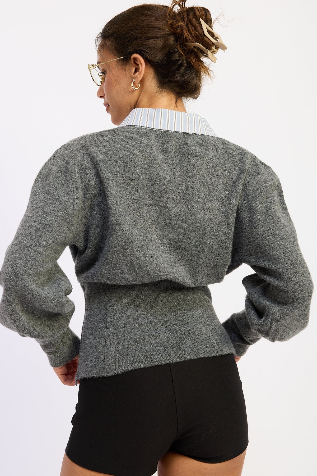Emory Park Daniella corset-detail bubble-sleeve top in charcoal