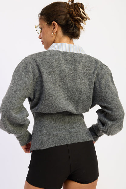 Emory Park Daniella corset-detail bubble-sleeve top in charcoal