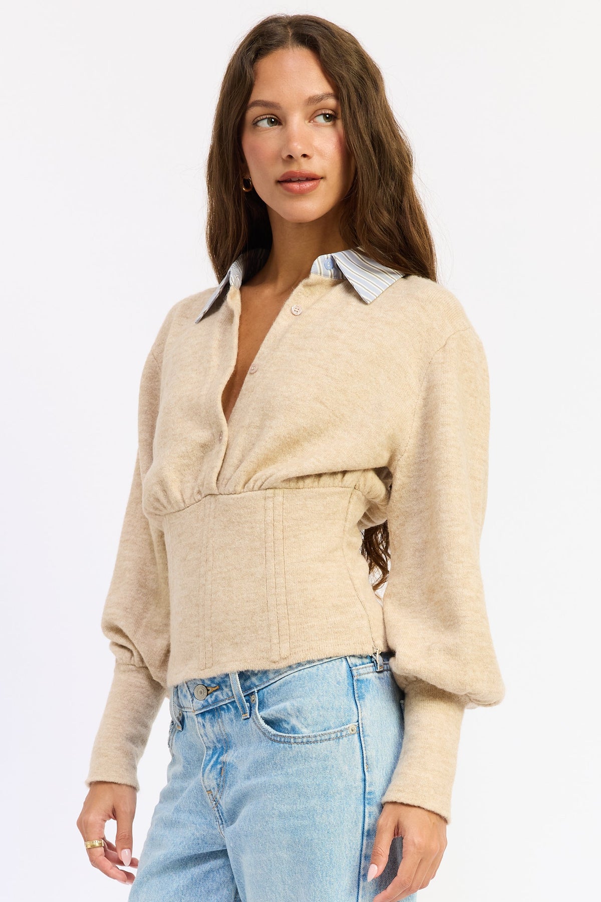 Emory Park Daniella corset-detail bubble-sleeve top in oatmeal