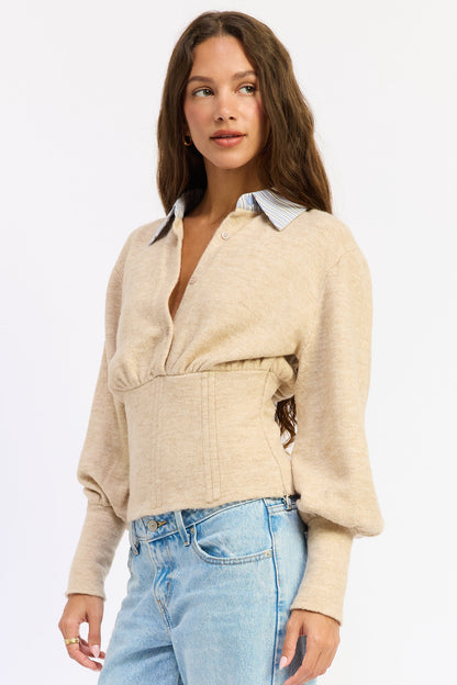 Emory Park Daniella corset-detail bubble-sleeve top in oatmeal