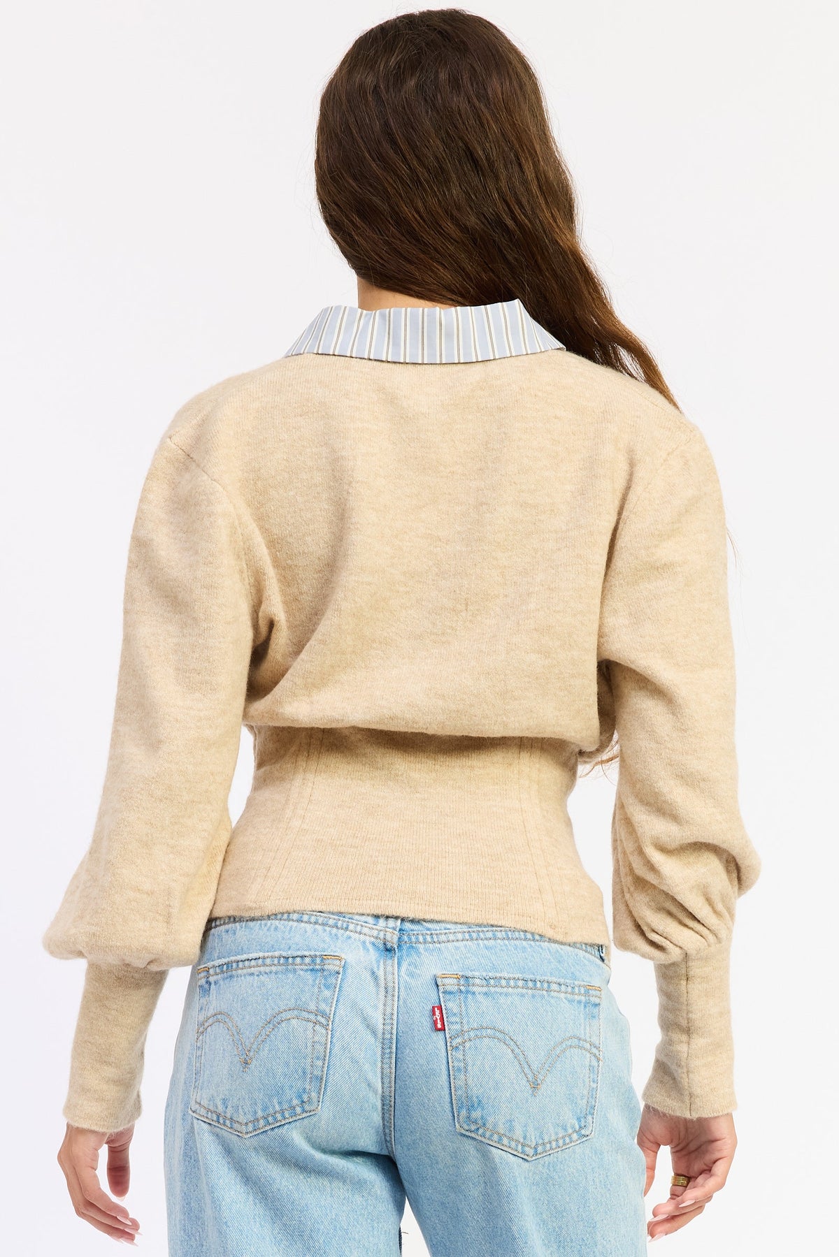 Emory Park Daniella corset-detail bubble-sleeve top in oatmeal