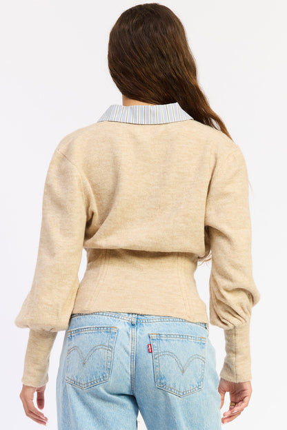 Emory Park Daniella corset-detail bubble-sleeve top in oatmeal