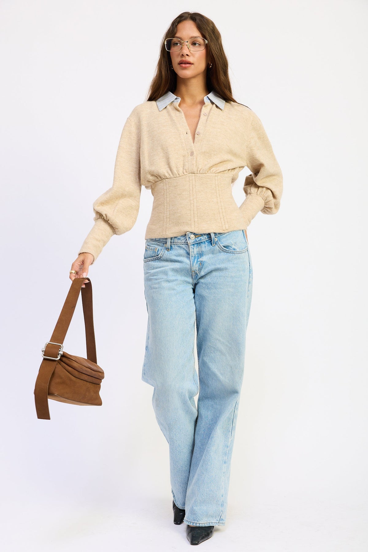 Emory Park Daniella corset-detail bubble-sleeve top in oatmeal