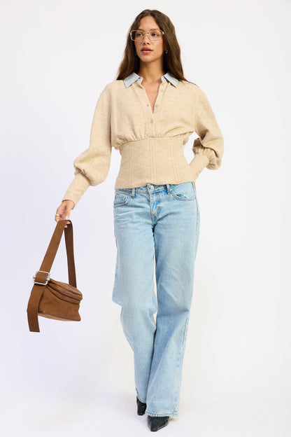 Emory Park Daniella corset-detail bubble-sleeve top in oatmeal