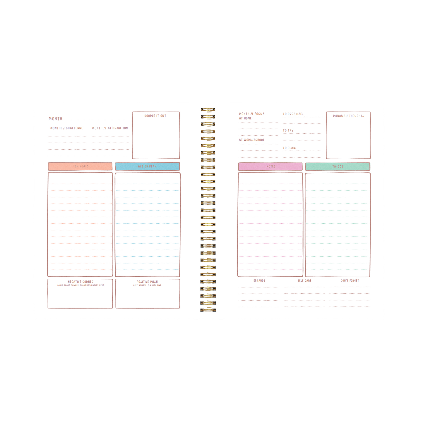 Planner with colorful sections on a white background