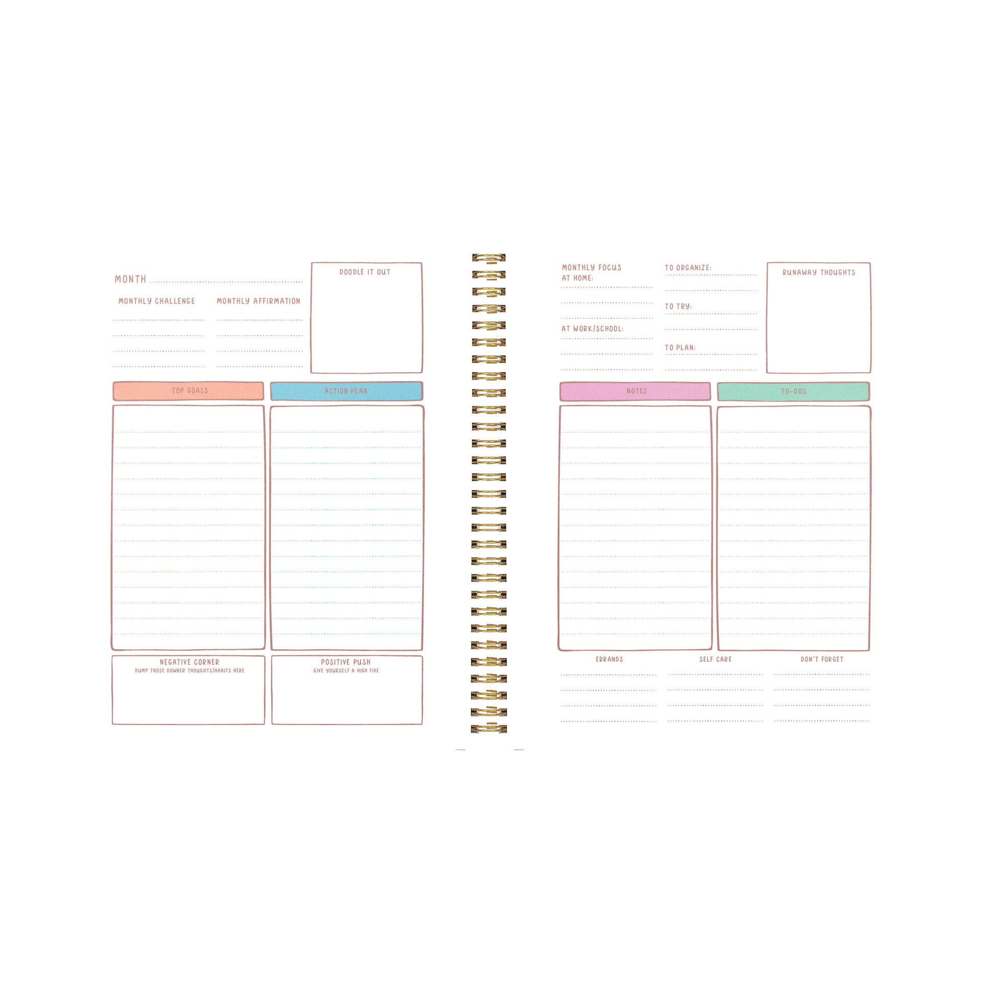 Planner with colorful sections on a white background