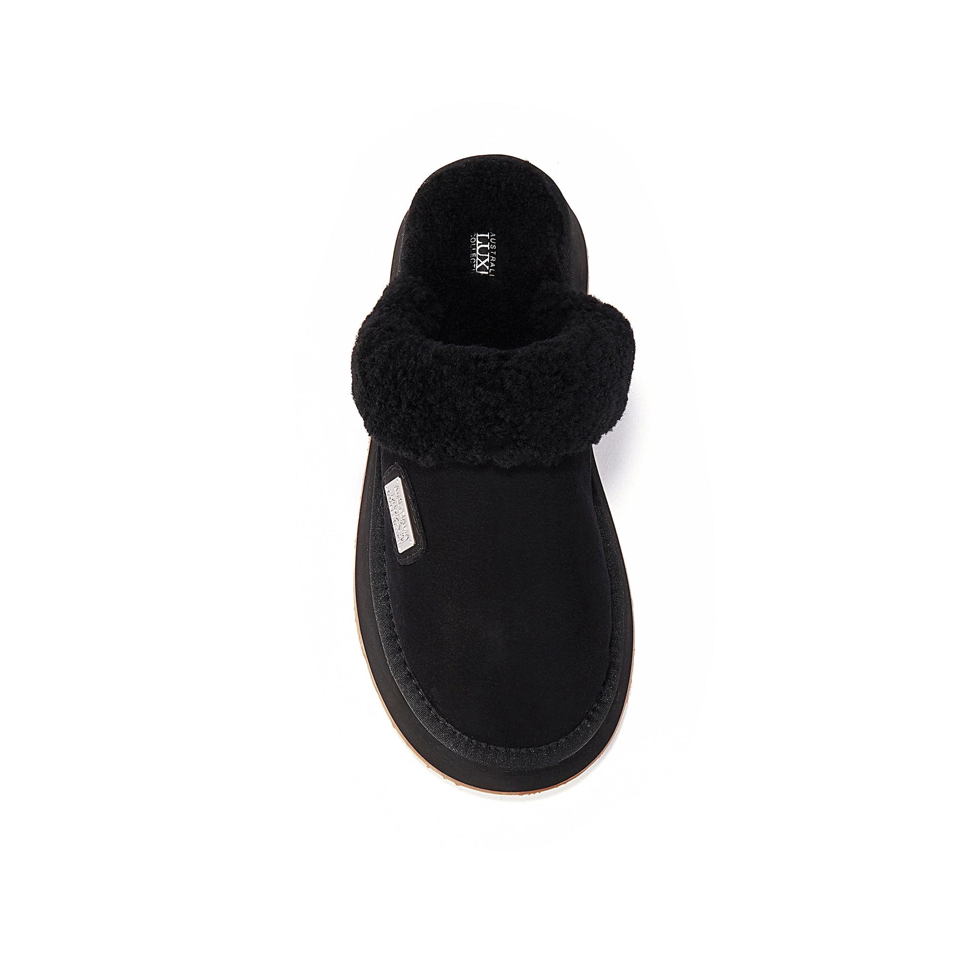 Black slipper with fuzzy trim on a white background