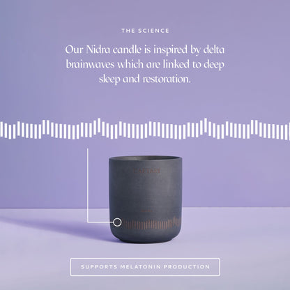 Black candle on a purple background with text about Nidra candle and delta brainwaves.