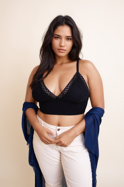 Curvy waistband loop lace black brami plus size with soft stretch fit.