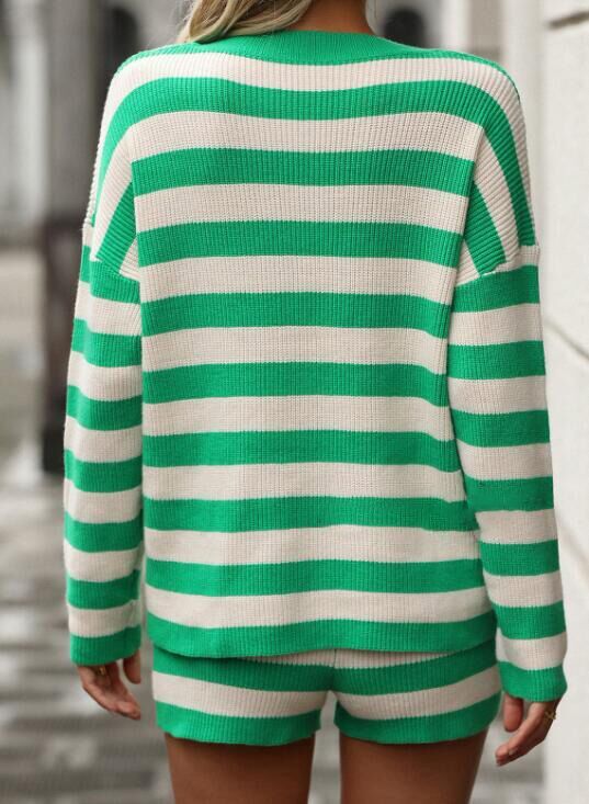 back view of woman wearing two piece set, green and white stripes. Soft, breathable knit fabric for all-day comfort, Relaxed-fit long sleeve top Matching shorts with ease of movement
