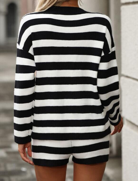 back view woman wearing two piece set, black and white stripes. Soft, breathable knit fabric for all-day comfort, Relaxed-fit long sleeve top Matching shorts with ease of movement