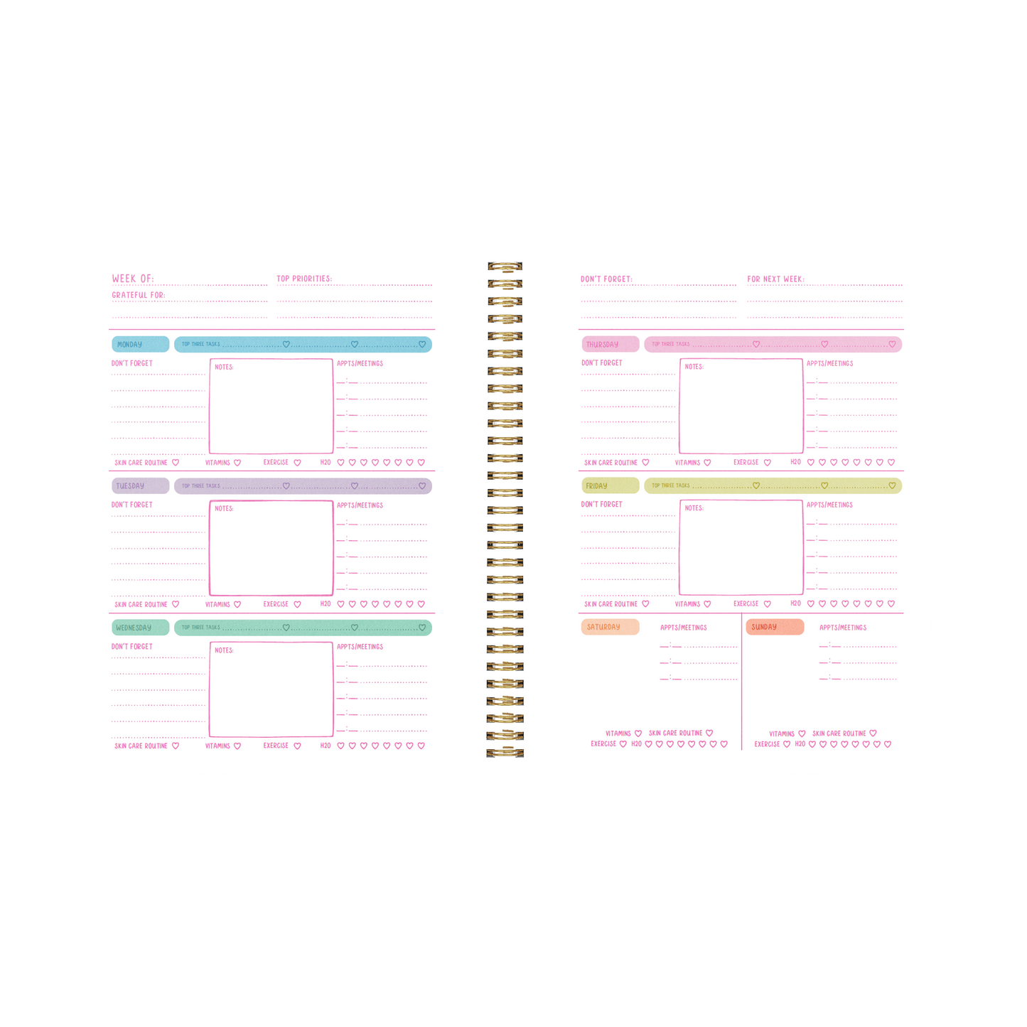 Spiral-bound planner with colorful sections on a white background