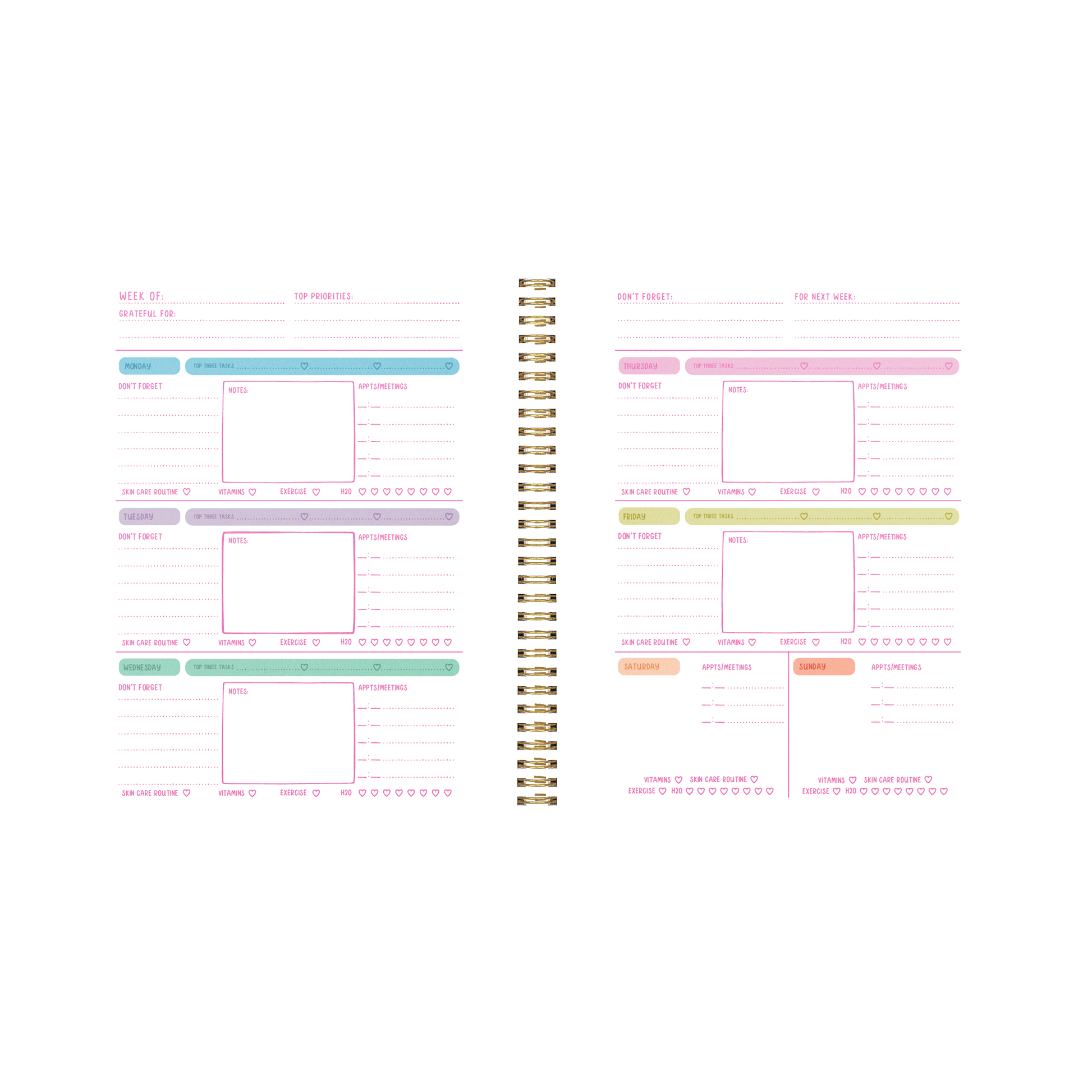 Spiral-bound planner with colorful sections on a white background