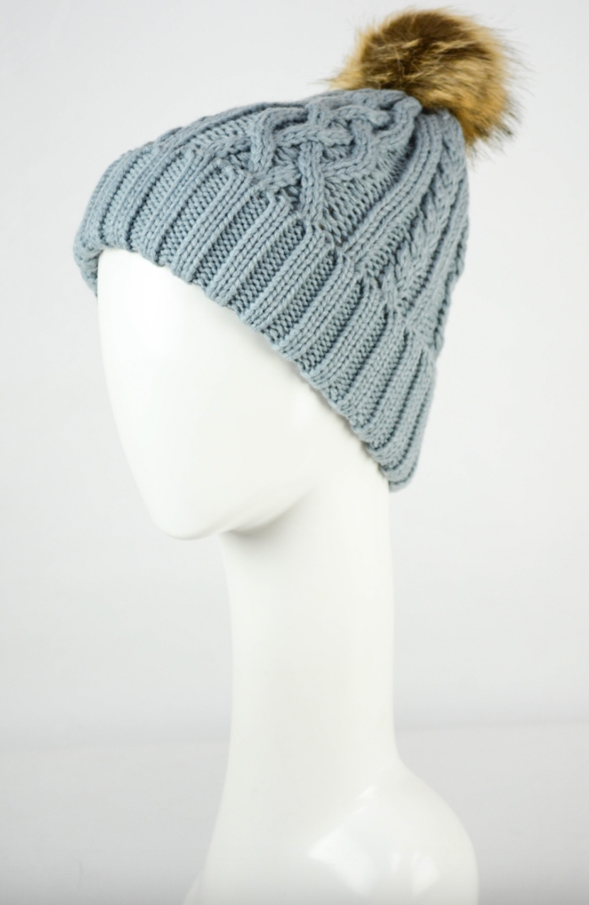 Cable Knit Beanie with Faux Fur Pom