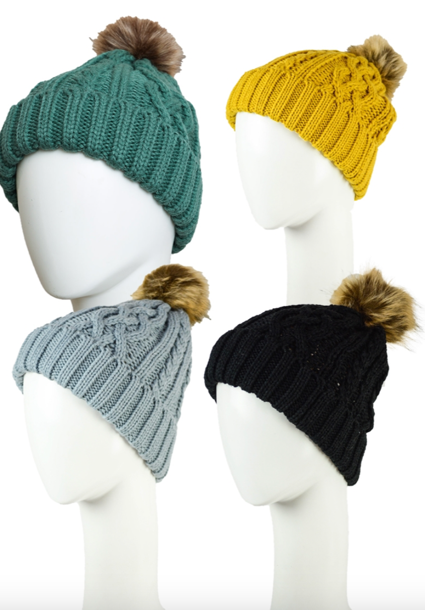 Cable Knit Beanie with Faux Fur Pom