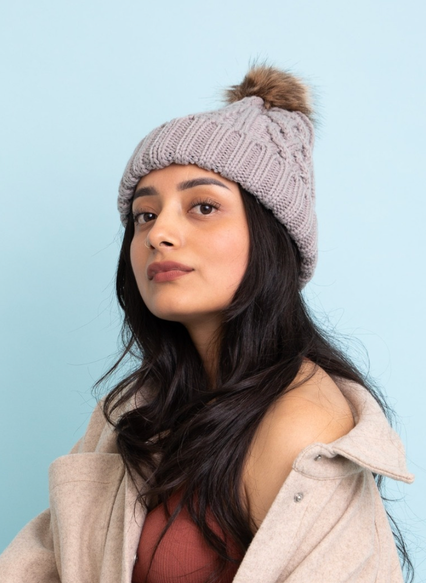 Cable Knit Beanie with Faux Fur Pom