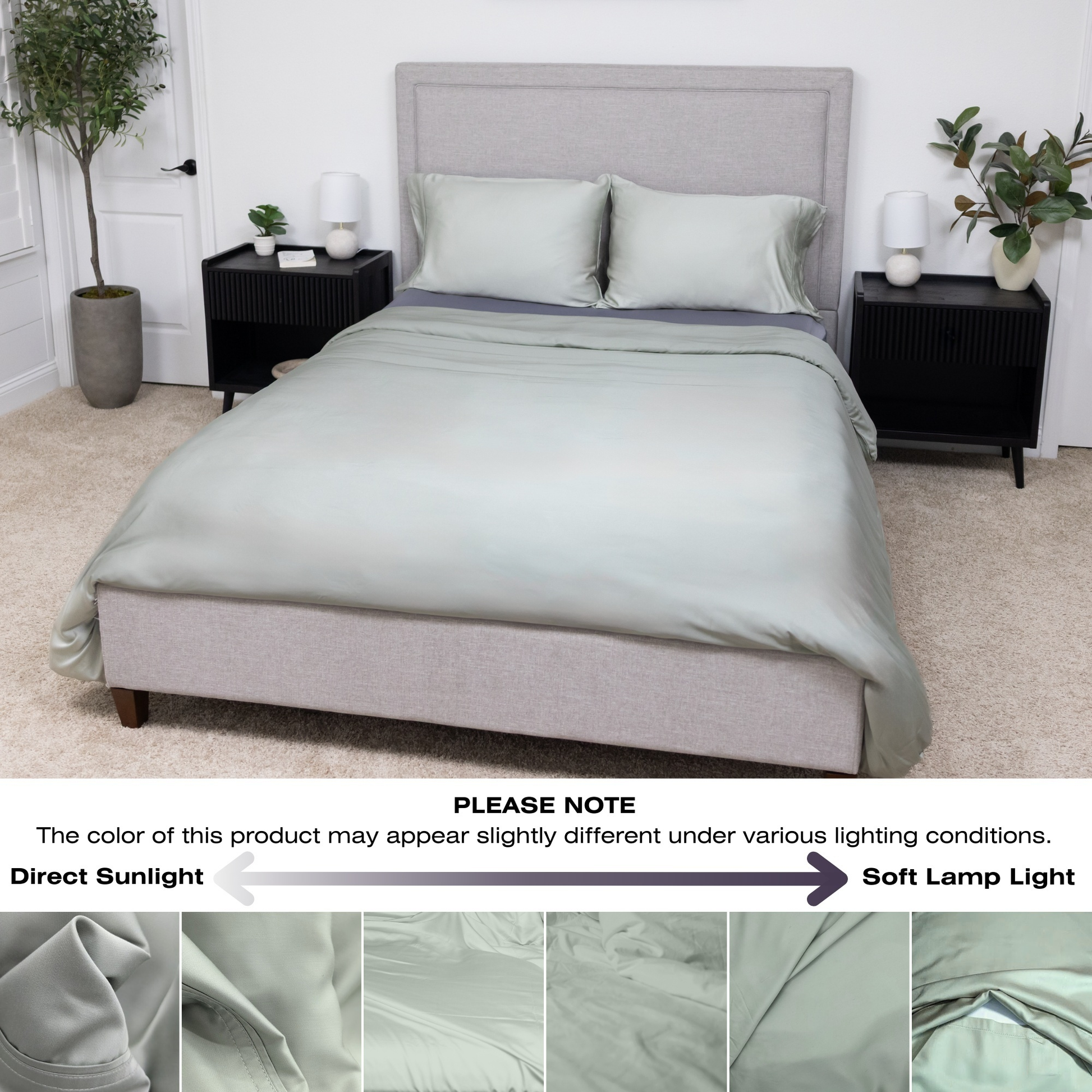 Bedroom with gray bedding and nightstands, featuring a color swatch note. Luxurious Organic Bamboo Duvet Cover Set
