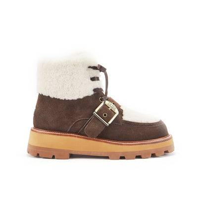 Brown winter boot with white fur lining on a white background