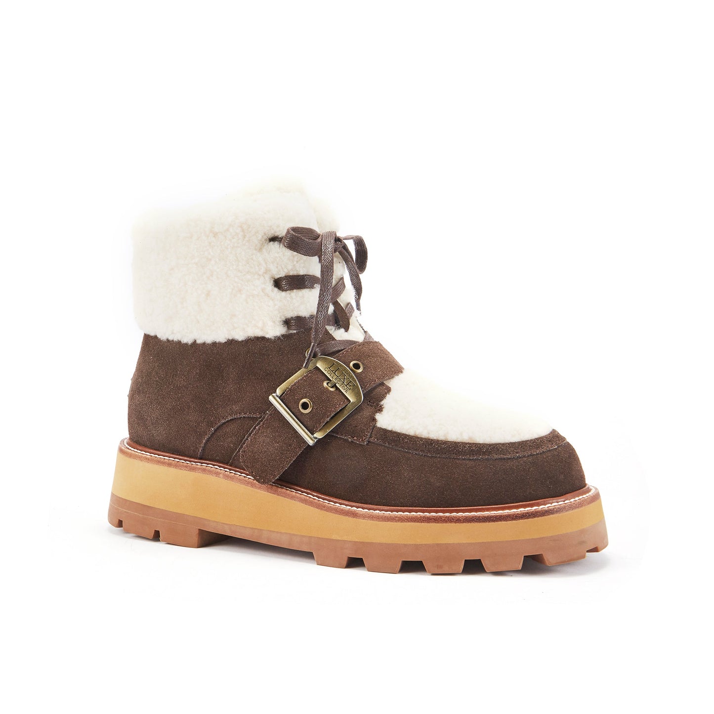 Brown winter boot with white fur lining on a white background