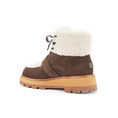 Brown winter boot with white fur lining on a white background