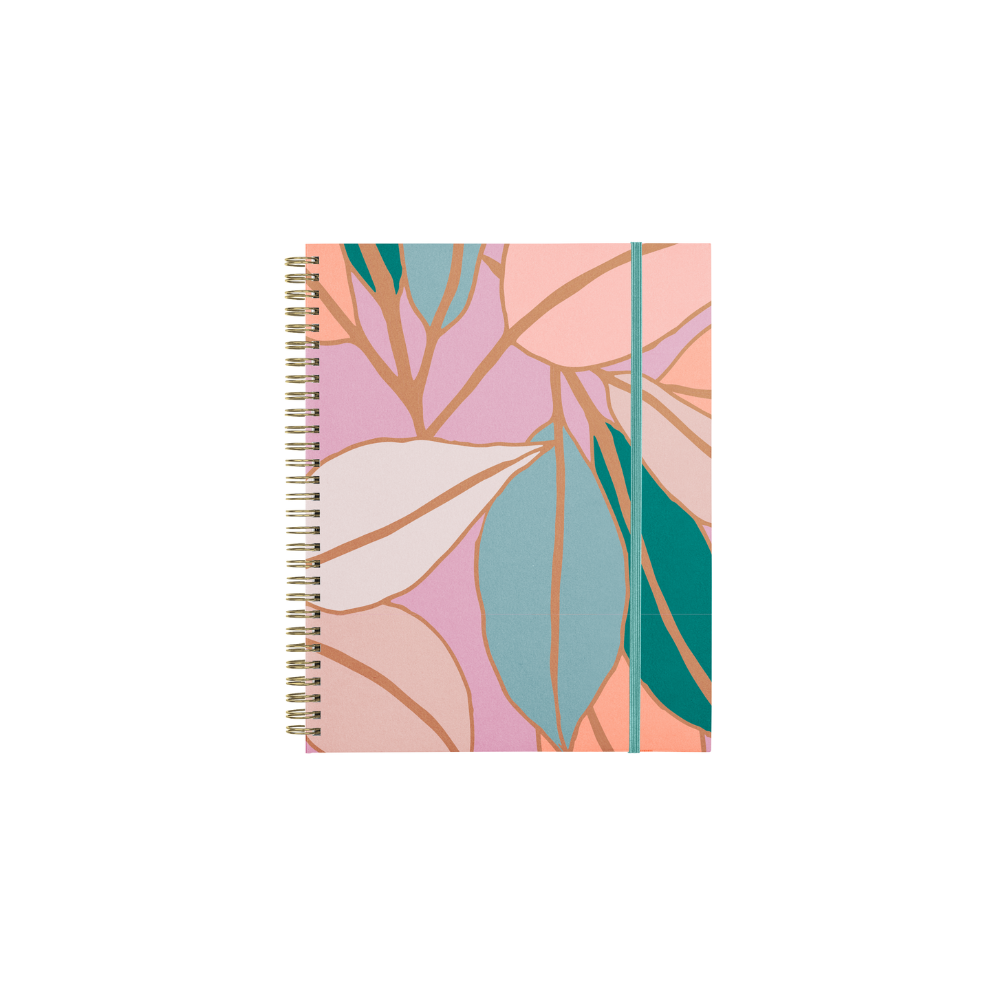 Spiral-bound notebook with a colorful leaf pattern on a white background