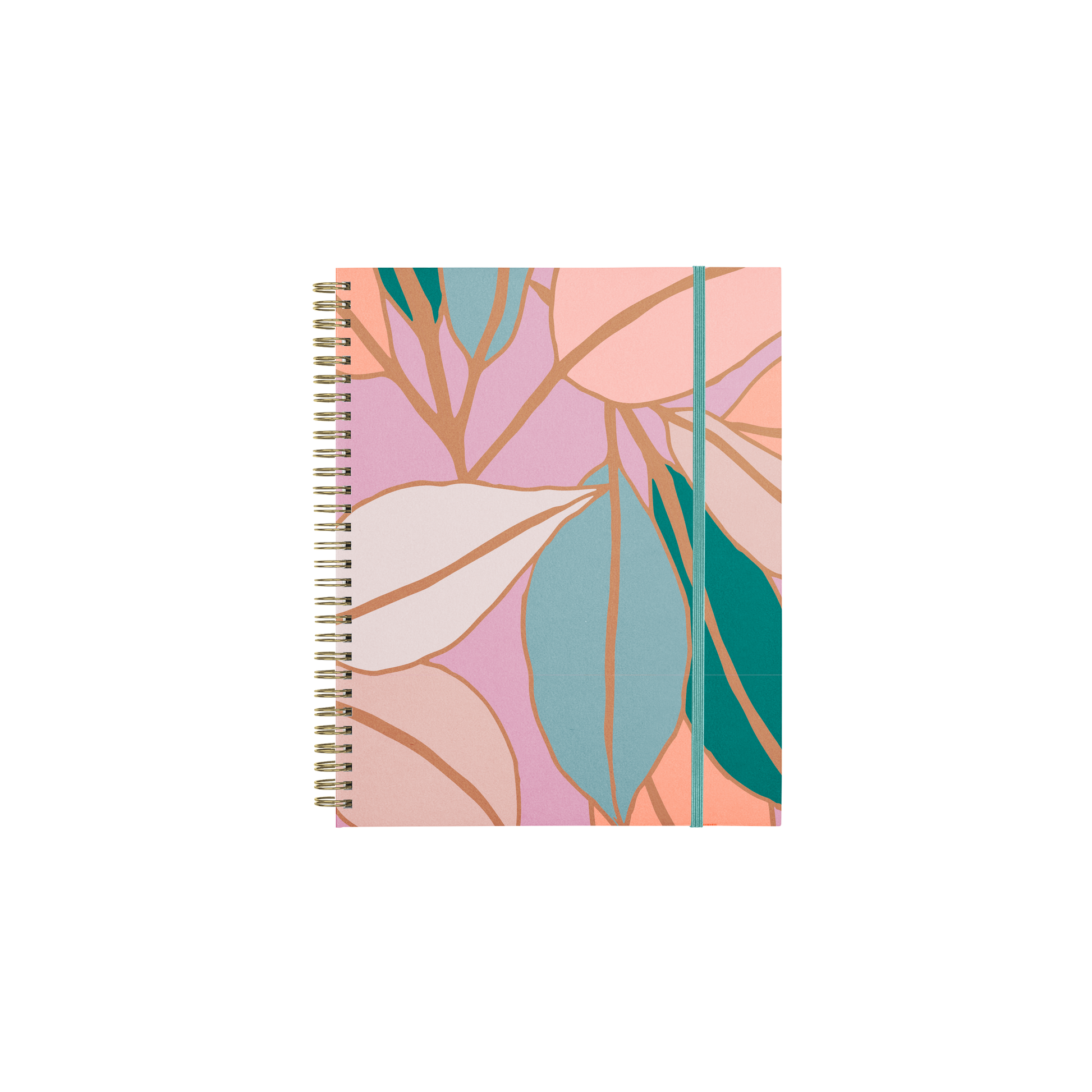 Spiral-bound notebook with a colorful leaf pattern on a white background