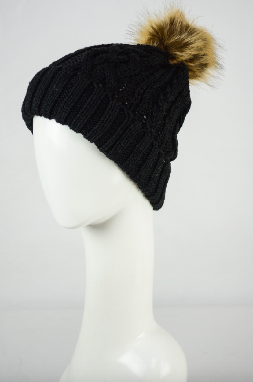 Cable Knit Beanie with Faux Fur Pom