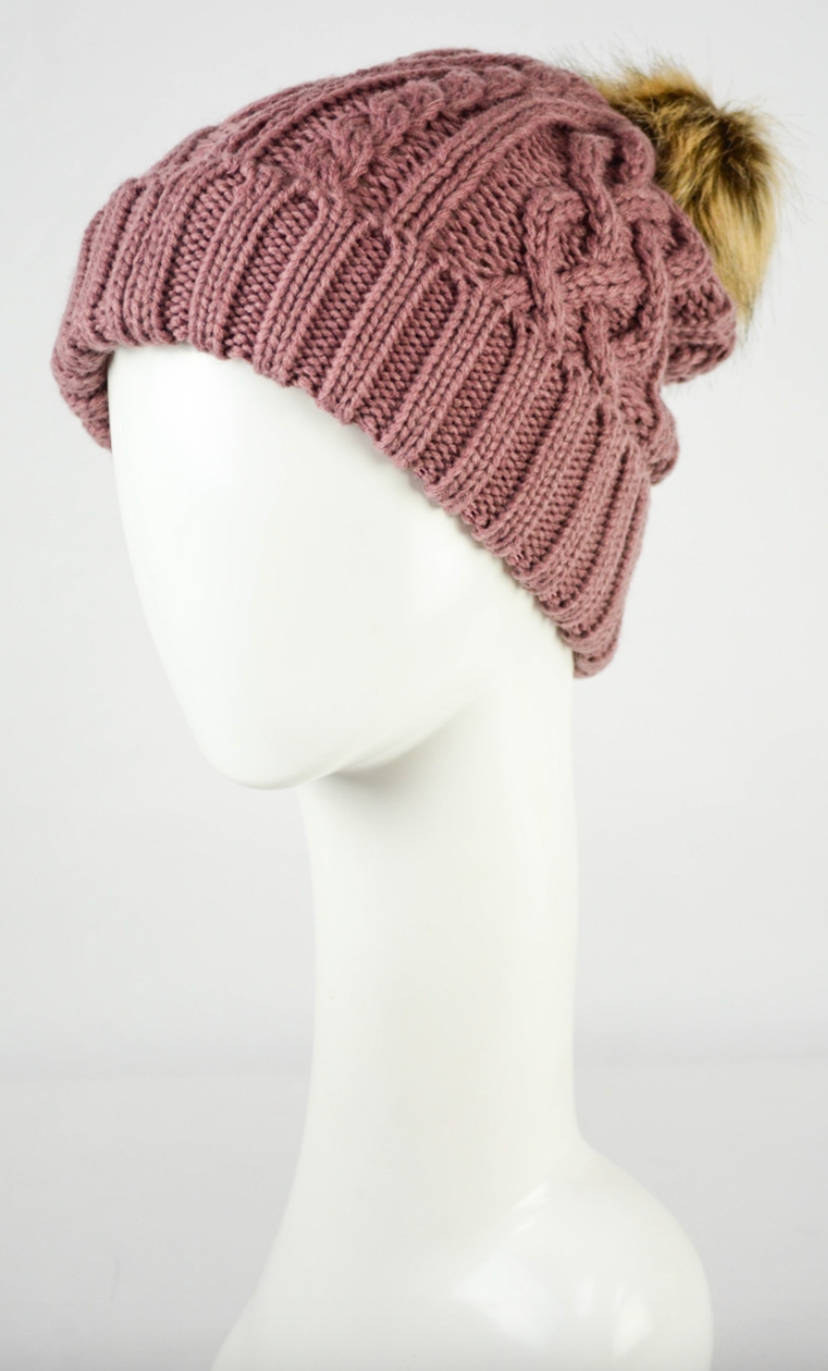 Cable Knit Beanie with Faux Fur Pom