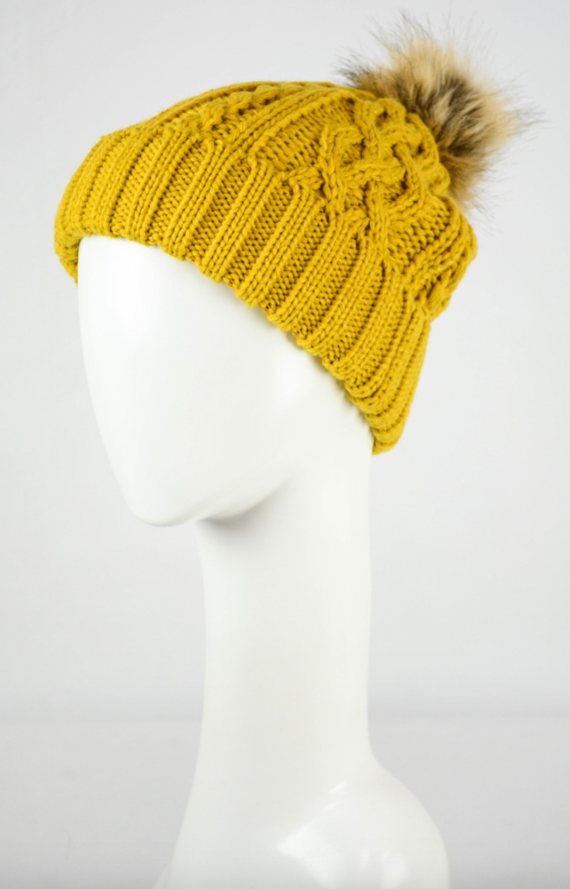 Cable Knit Beanie with Faux Fur Pom