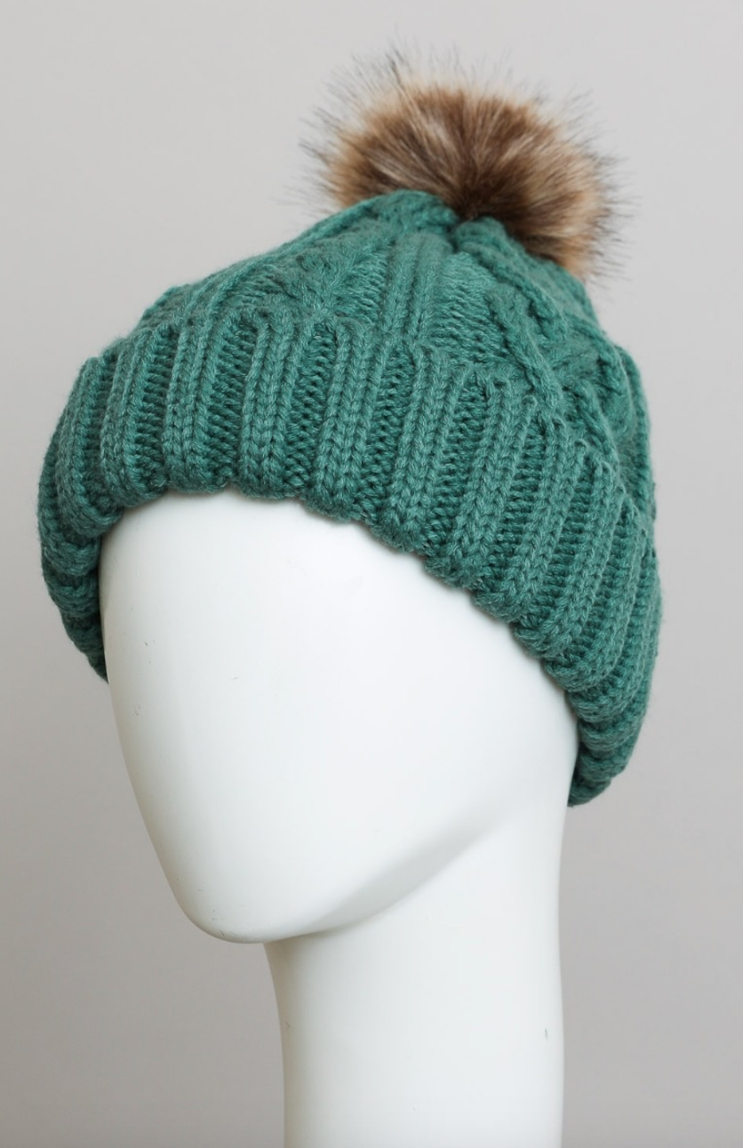 Cable Knit Beanie with Faux Fur Pom